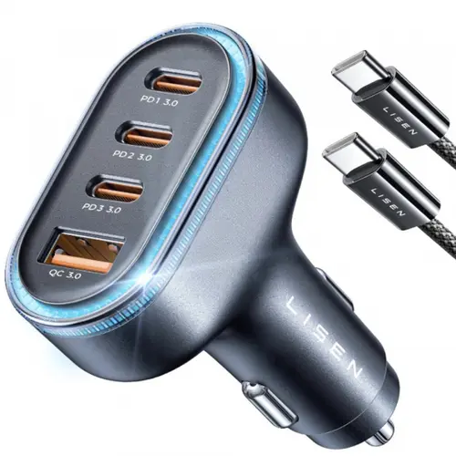 Incarcator auto Lisen, 101W, 1 x USB-A, 3 x USB-C (Negru)