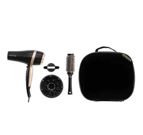 Set Remington D6940GP: Uscator de par 2100W, 2 viteze, 3 trepte temperatura + Perie de par (Negru)