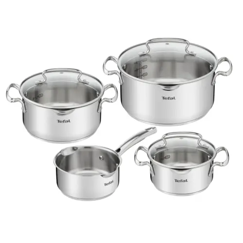 Set de 7 piese Tefal Duetto+ G719S735, oale cu capac de sticla, 16/20/24 cm, cratita 16 cm, inductie, inox, manere nituite, margini turnare, gradatii interioare (Argintiu)