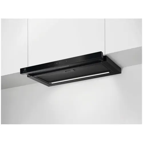 Hota incorporabila telescopica Electrolux LFP816K, 60 cm, 1 motor, 3 viteze+intensiv, Panel frontal de sticla, Control electronic, Conectivitate plita, Functie Breeze, Perfect Illumination, 2 filtre de aluminiu lavabile, 650 mc/h (Negru)