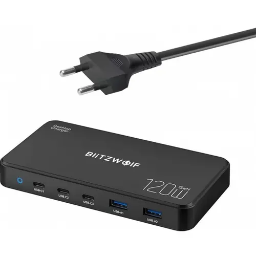 Incarcator Statie BlitzWolf BW-i100, 120W, 5A, 2 x USB-A - 3 x USB-C (Negru)