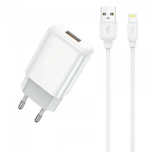 Incarcator Retea Cu Cablu Lightning Prestico F9S, 12W, 2.4A, 1 x USB-A (Alb)