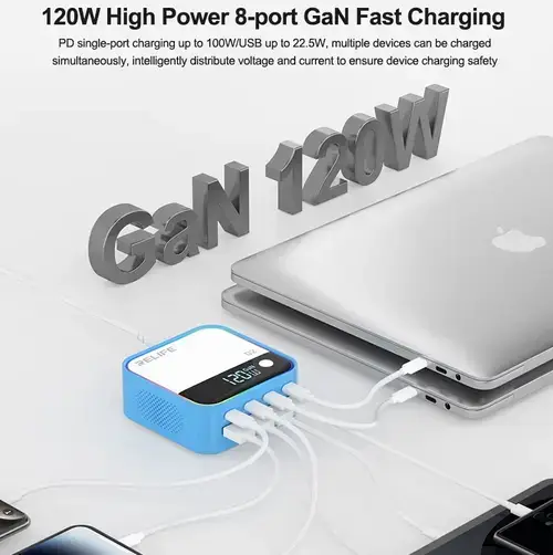 Incarcator Statie Relife Q2, 120W, 5A, 4 x USB-A - 4 x USB-C (Argintiu)