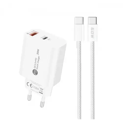 Incarcator Retea Cu Cablu USB-C A6MaxL, 20W, 3A, 1 x USB-A - 1 x USB-C (Alb)