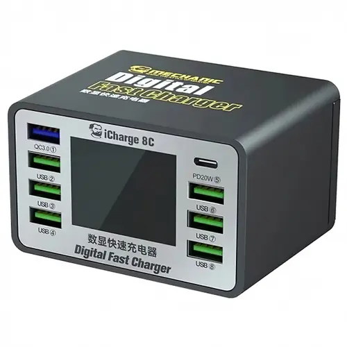 Incarcator Statie Mechanic 8C with Display, 50W, 3A, 7 x USB-A - 1 x USB-C (Negru)