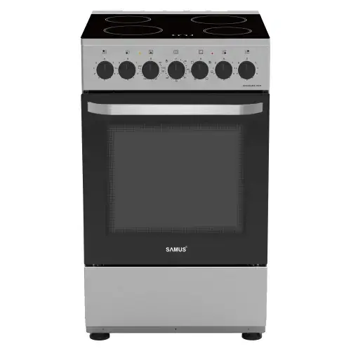 Aragaz Samus SM668VME, Electric, 4 zone de gatit vitroceramice, 60 l, Timer mecanic, Termostat reglabil, 7 functii cuptor (Inox)