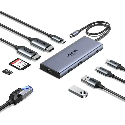 Hub USB-C Ugreen 10in1 CM639-45380, 3x Type-C, 2x USB-A, 2x HDMI, RJ45, TF, SD Card, PD100W, 1000Mbps (Gri)