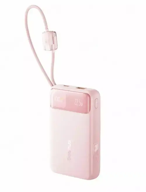 Acumulator extern Baseus EnerFill FC11 Digital Display 20.000 mAh, 22.5W, cablu USB-C si Lightning incorporat (Roz)