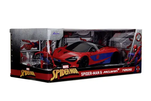 Set Figurina Spider Man Si Masinuta Jada Marvel - Mclaren 720s, Scara 1 La 24 (Rosu/Albastru)