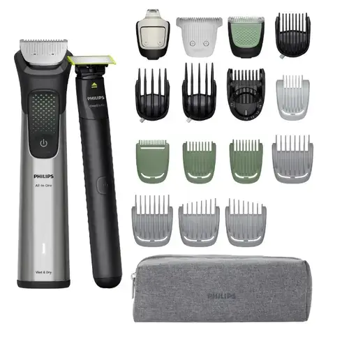 Aparat de tuns Philips All-in-One MG9557/15 +OneBlade 20in1 MG9557/15, Autonomie 120 min, 26 setari lungime, 3 capete trimmer specializate, Husa (Argintiu)