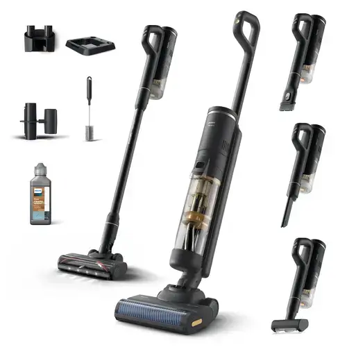 Aspirator vertical 3-in-1 Philips AQUA TRIO Seria 7000 XW7264/11, tehnologie Aqua Spin 2500, Autonomie 30 minute, 160 W, tavita pentru auto-curatare, accesoriu pentru tapiterie/spatii inguste, mini perie turbo (Negru)