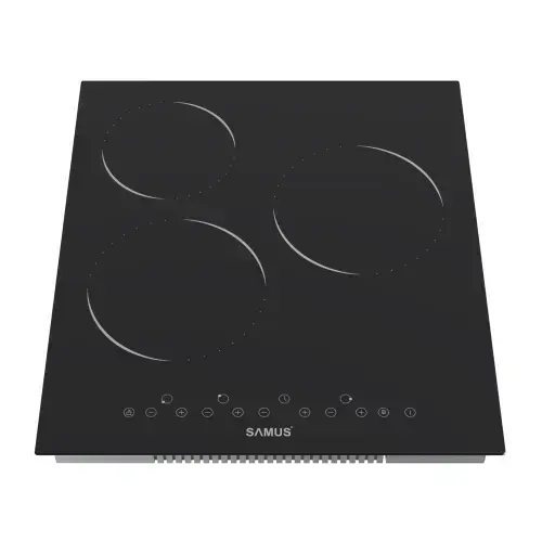 Plita incorporabila SAMUS PSVE-43BMG3, Vitroceramica, 3 arzatoare, Sticla ceramica mata, Panou touch control, 9 trepte, Timer, 4800 W (Negru)
