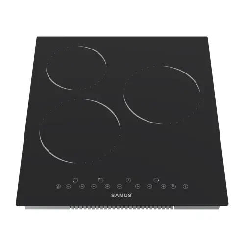 Plita incorporabila SAMUS PSVE-43BMG3, Vitroceramica, 3 arzatoare, Sticla ceramica mata, Panou touch control, 9 trepte, Timer, 4800 W (Negru)