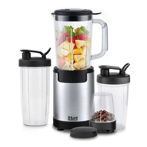 Blender multifunctional iHunt BRO 4in1, Blender si Rasnita Cafea, 900 W, 4 recipiente, 18000 RPM (Argintiu)