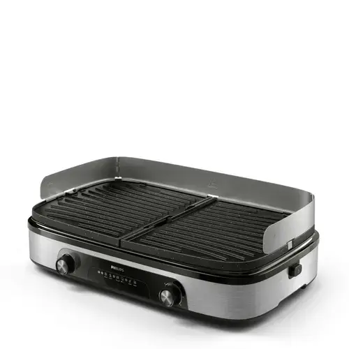 Gratar electric Philips HD6222/90 Seria 5000, 2400 W, temperatura reglabila, 2 zone de incalzire, plite reversibile si detasabile, suprafata de gratar mare: 1400 cm2, strat de piatra Maifan, tava pentru grasime detasabila