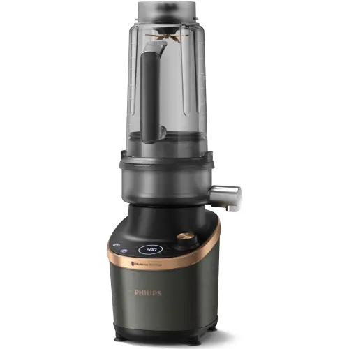 Blender Philips de mare viteza cu functie de stoarcere, tehnologie DUAL CHEF 1500 W, pahar de tritan de 2 l, corp din metal negru, 4 lame zimtate, setari de viteza variabila, presetare si functie impuls, ecran LED si buton, 2 pahare (Negru)