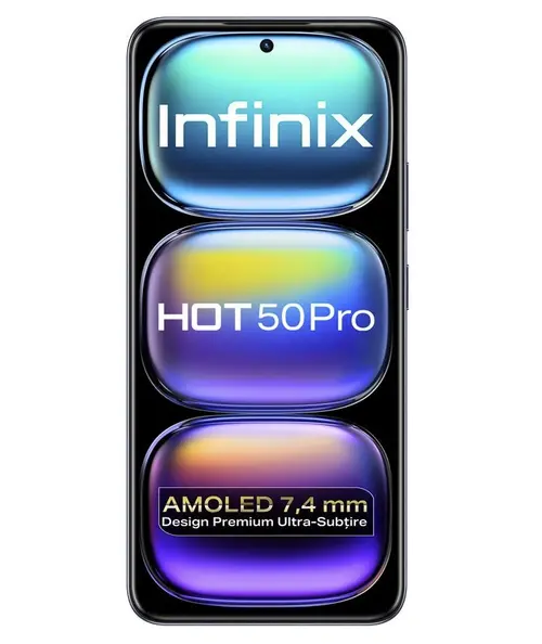 Telefon Mobil Infinix Hot 50 Pro, Procesor Mediatek Helio G100, Ecran AMOLED 6.78inch, 8GB RAM, 256GB Flash, Camera Tripla 50+2 MP, Wi-Fi, 4G, Dual Sim, Android (Negru)