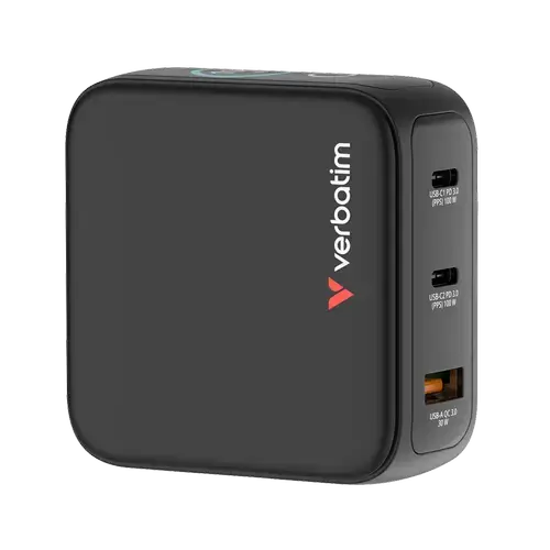 Incarcator retea mini GaN Verbatim 30239, 100W, Display, 2x USB-C PD 3.0/1x USB-A QC 3.0 (Negru)