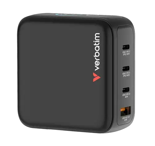 Incarcator retea mini GaN Verbatim 30240, 140W, Display, 2x USB-C PD 3.0, 1x USB-A QC 3.0 (Negru)