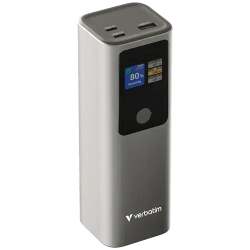 Acumulator extern Verbatim Charge'n'Go 32269, 27.000mAh, 183 W Max, USB-C1/C2 PD pana la 140W 3.1, USB-A QC 3.0 18W, Disply TFT (Gri)