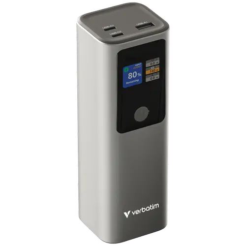 Acumulator extern Verbatim Charge'n'Go 32269, 27.000mAh, 183 W Max, USB-C1/C2 PD pana la 140W 3.1, USB-A QC 3.0 18W, Disply TFT (Gri)
