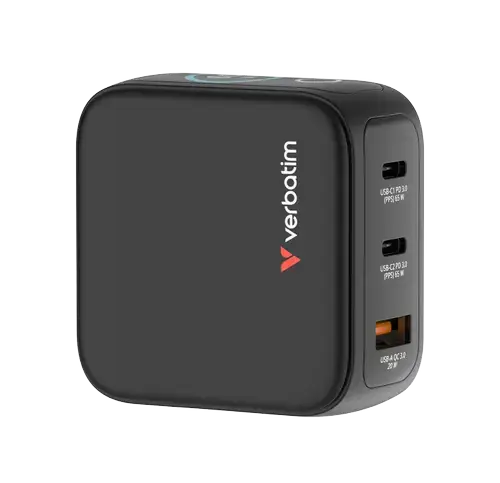 Incarcator retea mini GaN Verbatim 30238, 65W, Display, 2x USB-C PD 3.0, 1x USB-A QC 3.0 (Negru)