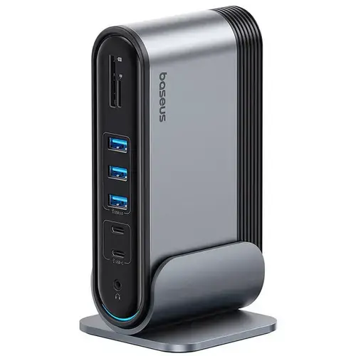 Docking station Baseus, 17 porturi, USB-C, 4K, HDMI si DP, USB 3.0, USB-C 3.0, SD/TF, RJ45 Gigabit (Gri)