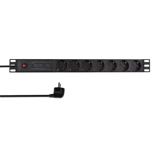 Prelungitor PDU LOGILINK 1U pentru rack 19 inch, 7 prize Schuko, intrare Schuko, max 16 A, ON/OFF, prot. suprasarcina, filtru de linie, IP20, 2 m (Negru)