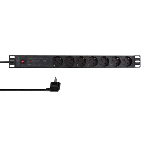 Prelungitor PDU LOGILINK 1U pentru rack 19 inch, 7 prize Schuko, intrare Schuko, max 16 A, ON/OFF, prot. suprasarcina, filtru de linie, IP20, 2 m (Negru)