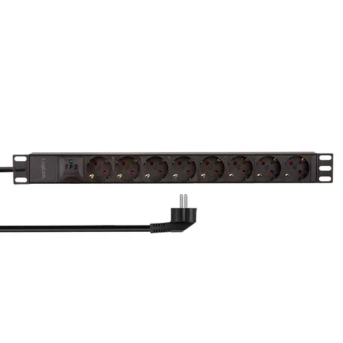 Prelungitor PDU LOGILINK 1U pentru rack 19 inch, 8 prize Schuko, intrare Schuko, max 16 A, protectie suprasarcina, IP20, 2 m (Negru)