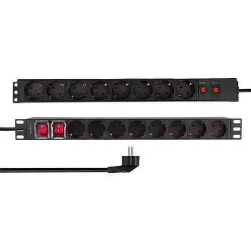 Prelungitor PDU LOGILINK 1U pentru rack 19 inch, 16 prize Schuko, intrare Schuko, max 16 A, dispuse 8 schuko front + 8 schuko back, ON/OFF x 2, prot. Suprasarcina, 2 m, Negru