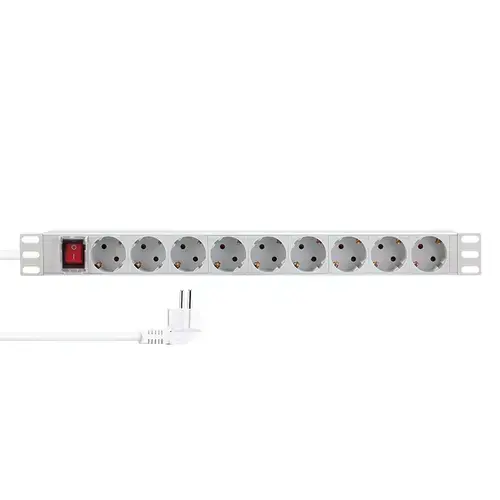 Prelungitor PDU LOGILINK 1U pentru rack 19 inch, 9 prize Schuko, intrare Schuko, max 16 A, ON/OFF, IP20, 2 m, Gri