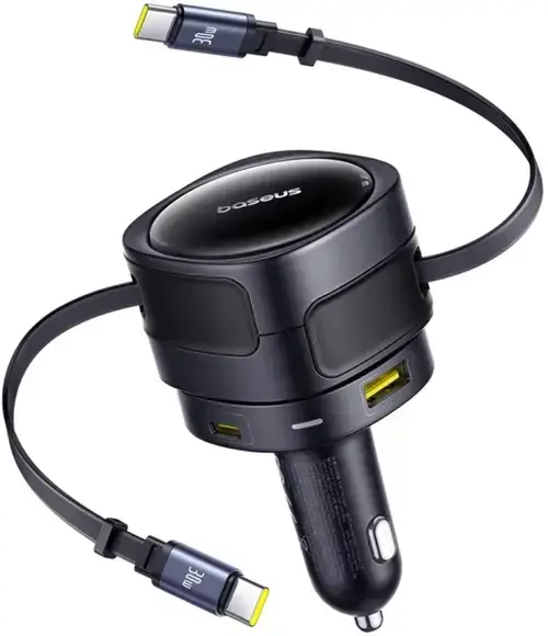 Incarcator auto Baseus Enjoyment Max, Quick Charge 90W, 1 x USB, cablu retractabil integrat 2 x USB Type-C (Negru)
