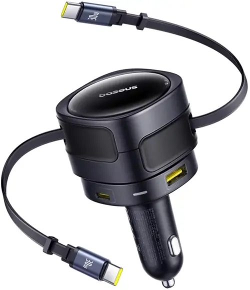 Incarcator auto Baseus Enjoyment Max, Quick Charge 90W, 1 x USB, cablu retractabil integrat 2 x USB Type-C (Negru)