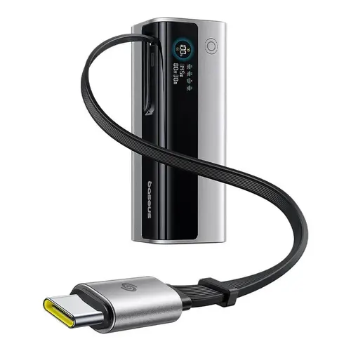 Acumulator extern Baseus EnerGeek GR11, 20000mAh, 145W, 2 x USB Type-C, 1 x USB, cablu integrat USB Type-C, display (Argintiu)