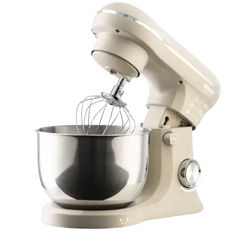 Robot de bucatarie mixer planetar VIVAX RM-41500S, 1500 W, 10 viteze + Turbo Pulse, doua boluri inox 5L + 4L, tel pentru frisca, tel pentru creme, carlig pentru aluat, capac anti-stropire cu orificiu alimentare, constructie din inox si plastic (Bej)