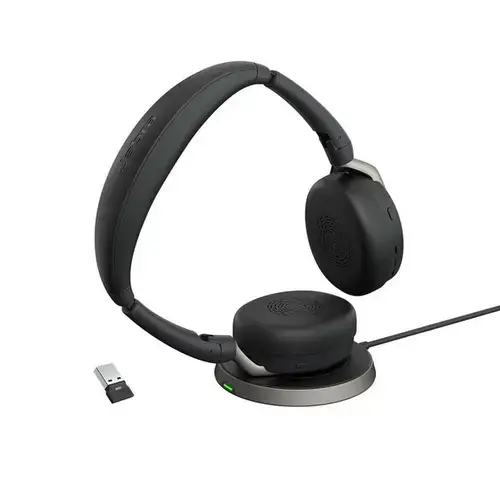 Casti Call Center Jabra Evolve2 65 Flex MS, Dongle USB-A, Binaural, On-ear, Bluetooth, hybrid active noise cancellation, incarcator wireless (Negru)