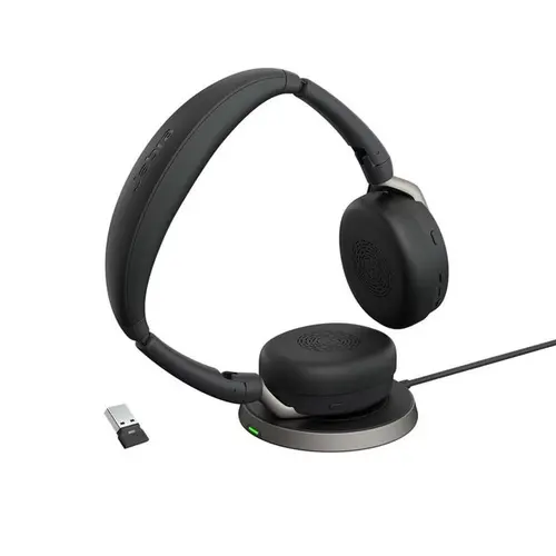 Casti Call Center Jabra Evolve2 65 Flex MS, Dongle USB-A, Binaural, On-ear, Bluetooth, hybrid active noise cancellation, incarcator wireless (Negru)