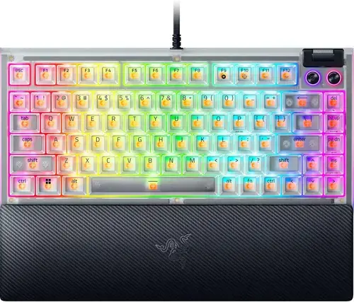 Tastatura Gaming Mecanica Razer BlackWidow V4 75% Phantom White Edition, USB-C, Chroma RGB, Switch Tactile and Quiet, Layout US, Multimedia Roll (Alb/Transparent)