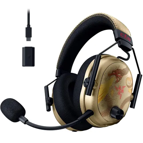 Casti Gaming Wireless Razer Blackshark V3 Pro Counter-Strike 2 Edition, Over-Ear, 2.4G/Bluetooth/USB/Jack 3.5mm, Hybdrid ANC, TriForce Bio-Cellulose 50mm, Autonomie 70 ore (Auriu)