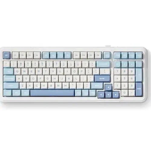Tastatura mecanica gaming MCHOSE K99 Sky Blue, 99 taste (98%), switch-uri KTT Hyacinth pre-lubrifiate, iluminare RGB 360°, conectare 2.4 GHz/BT/Type-C, 6 straturi de izolare fonica, hot-swap, software personalizabil, baterie 6000 mAh