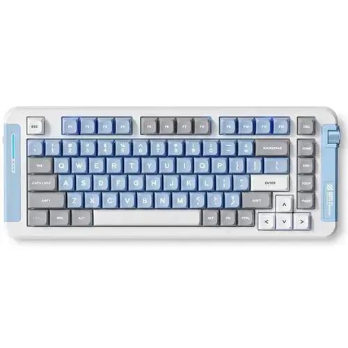 Tastatura mecanica gaming MCHOSE X75 Sky Blue, 82 taste (75%), switch-uri KTT Hyacinth pre-lubrifiate, iluminare RBG 360°, conectare 2.4 GHz/BT/Type-C, 5 straturi de izolare fonica, hot-swap, software personalizabil, baterie 4000 mAh