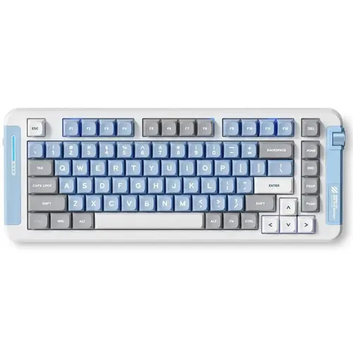 Tastatura mecanica gaming MCHOSE X75 Sky Blue, 82 taste (75%), switch-uri KTT Hyacinth pre-lubrifiate, iluminare RBG 360°, conectare 2.4 GHz/BT/Type-C, 5 straturi de izolare fonica, hot-swap, software personalizabil, baterie 4000 mAh
