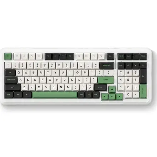 Tastatura mecanica gaming MCHOSE K99 Green, 99 taste (98%), switch-uri KTT Hyacinth pre-lubrifiate, iluminare RGB 360°, conectare 2.4 GHz/BT/Type-C, 6 straturi de izolare fonica, hot-swap, software personalizabil, baterie 6000 mAh