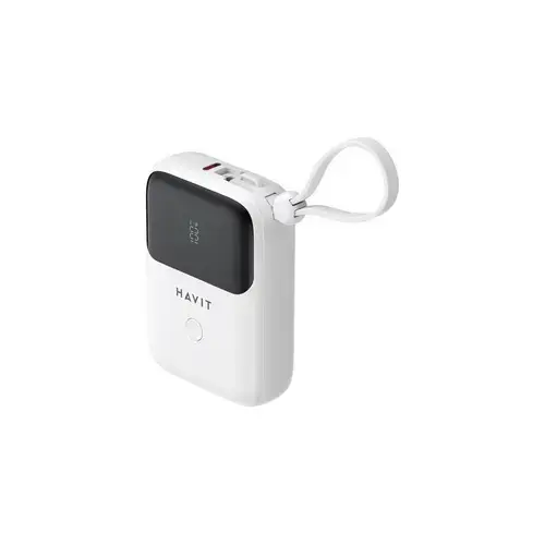 Baterie externa Havit PB5215, 10000 mAh, 1x Lightning, 2x USB-C, 20 W, Display, Cablu USB-C integrat (Alb)