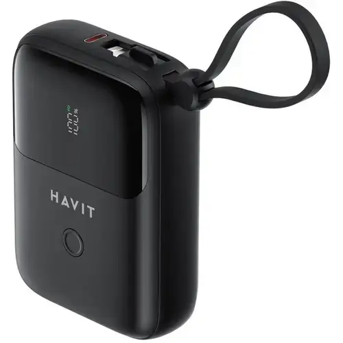 Baterie externa HAVIT PB5215, 10000 mAh, 1x Lightning, 2x USB-C, 20 W, Display, Cablu USB-C integrat (Negru)