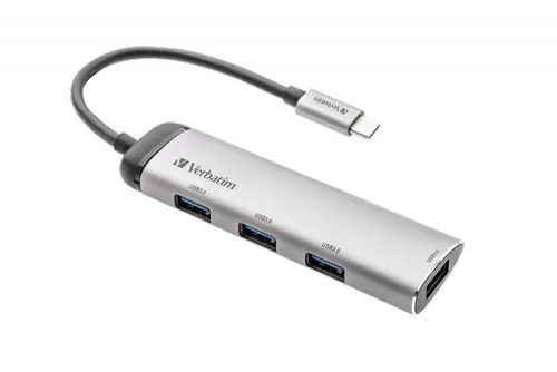 ​Hub USB Verbatim USB-C Multiport 4-in-1, 4x USB-A 3.2 Gen 1, Carcasa din Aluminiu, Cablu 15 cm, Indicator LED, Compatibil cu Windows si Mac OS (Argintiu)​