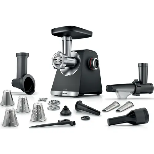 Masina de tocat Bosch MFWS660B, 2100W, 3.5kg/ min, 3 site, accesoriu suc de rosii, palnie carnati, accesoriu pt kebbe, cutit cu 2 taisuri, 4 accesorii de tocare, Negru/Argintiu