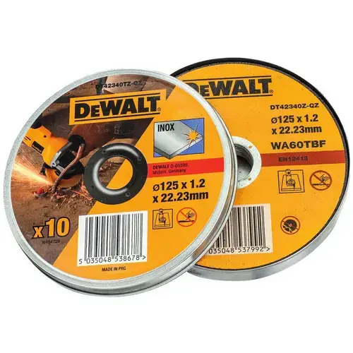 Set 10 discuri de taiere DeWalt DT42340TZ-QZ, Otel inoxidabil, 125mm/22.23mm/1.2mm, Galben