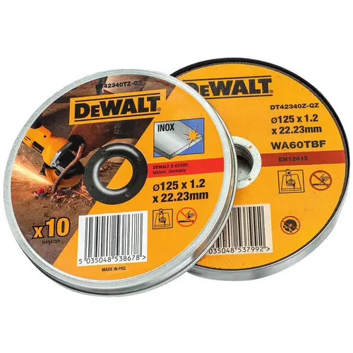 Set 10 discuri de taiere DeWalt DT42340TZ-QZ, Otel inoxidabil, 125mm/22.23mm/1.2mm, Galben